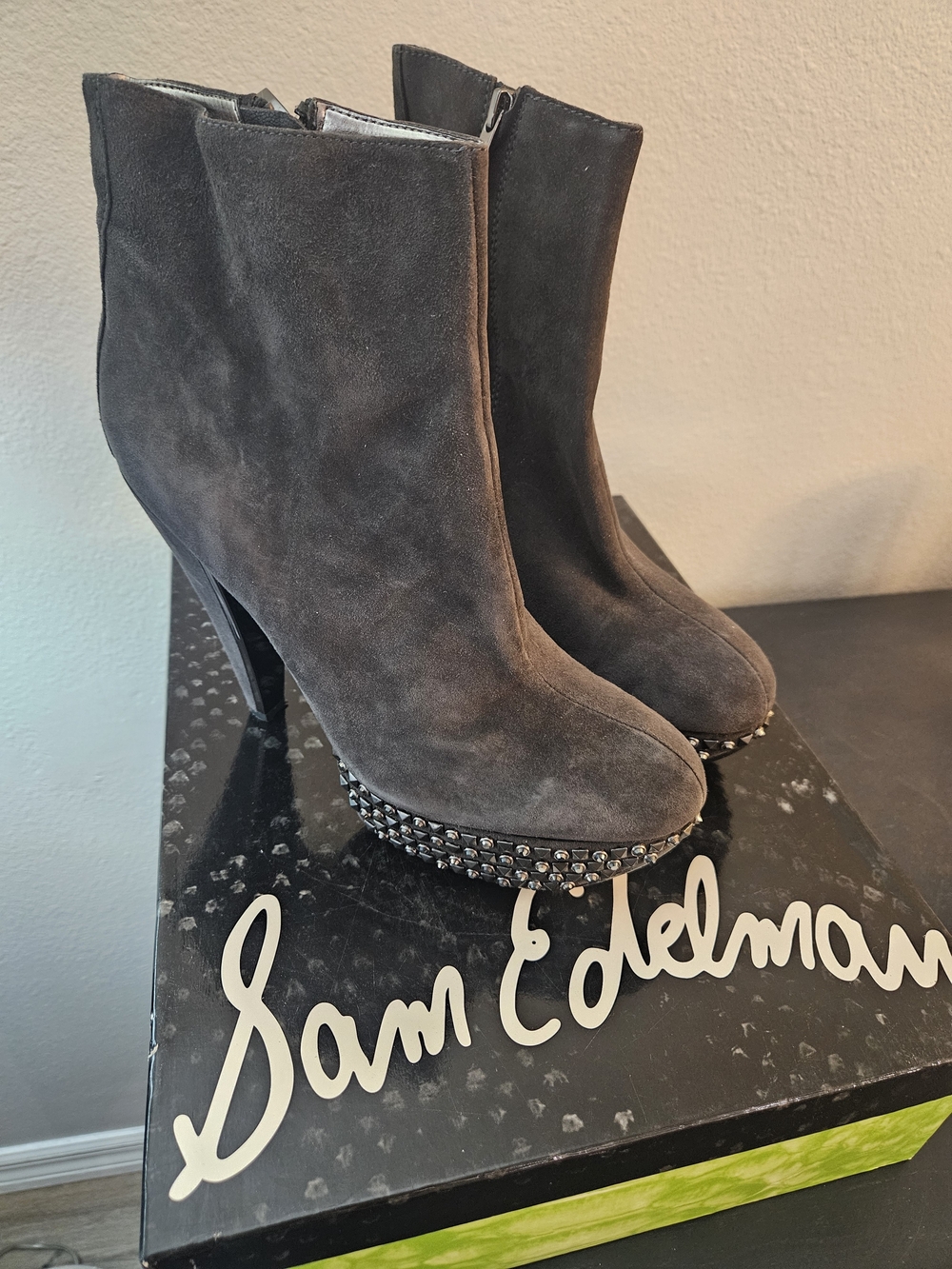Sam Edelman Charcoal Suede Studded Platform Ankle Boots